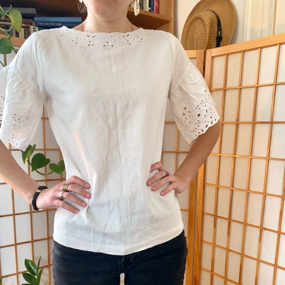 Linen Eyelet Broderie Flutter Sleeve Blouse - Picture 2 of 16